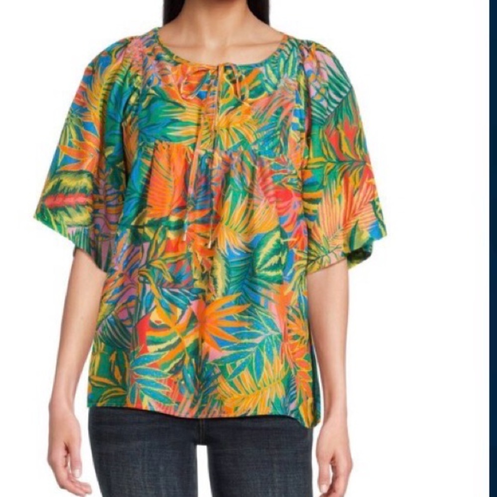 Tru Luxe Jeans Tropical short sleeve cotton Top NWT  Sz XL